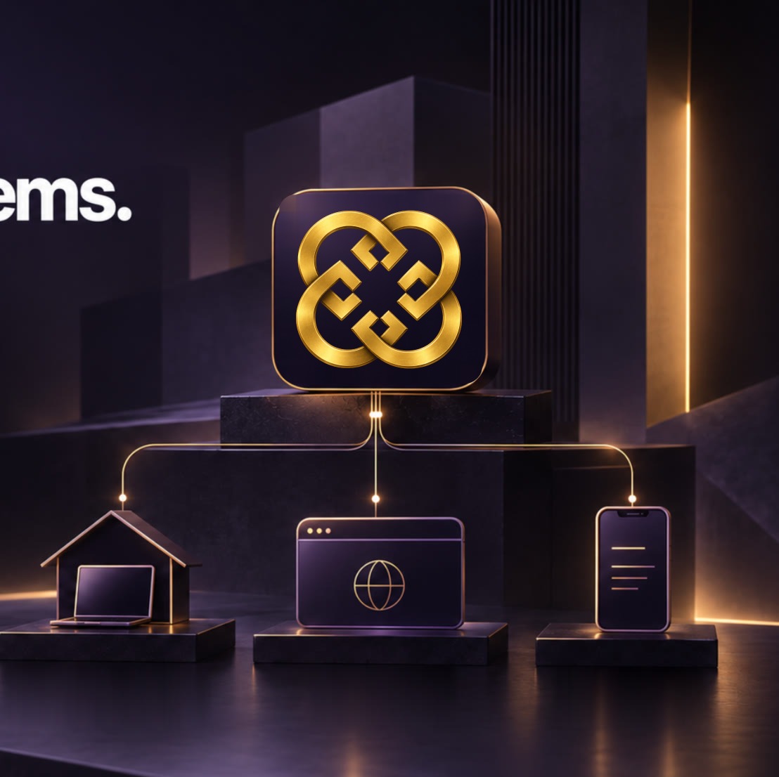 One Custom AI Models system, the gold emblem at its centre, delivered to three places: a machine at home, a live website and a phone.